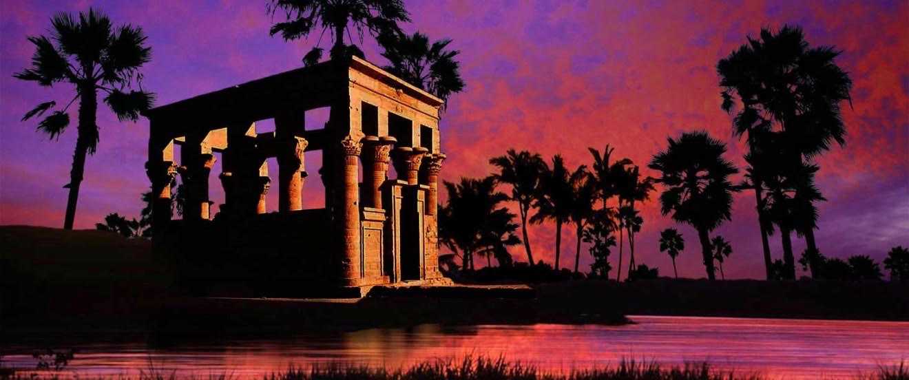 stone building and trees with pink and purple sky